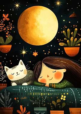 Girl and Cat Sleeping Under Moon