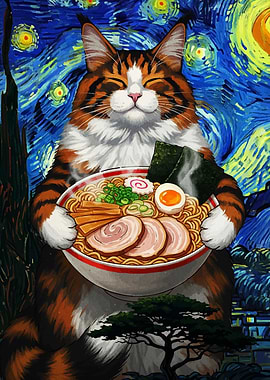 Cat Ramen Starry Night