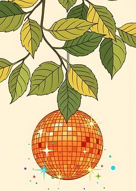 Disco ball hanging from tree branch