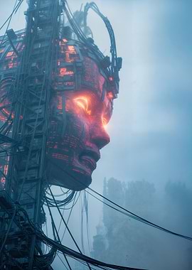 Cyberpunk Head Sculpture with Glowing Eyes