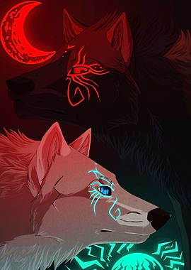 Two Wolves with Glowing Markings