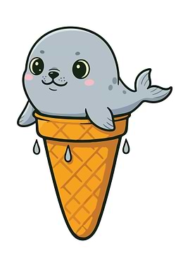 Cartoon Seal in Ice Cream Cone