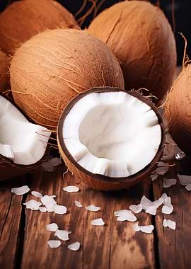 Coconuts on Wooden Surface