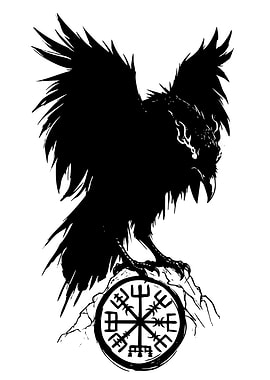 Black Raven with Vegvisir Symbol