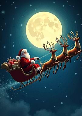 Santa Claus Sleigh Reindeer Moon