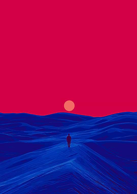Crimson Sky, Blue Dunes, Solitary Figure