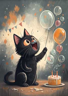 Happy Birthday Black Cat with Balloons