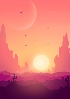 Desert Sunset Landscape with Birds