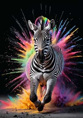 Zebra Running Through Colorful Explosion