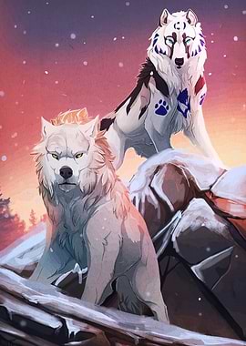 Two Wolves on Snowy Rocks