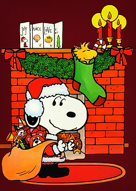 Snoopy Christmas by Fireplace