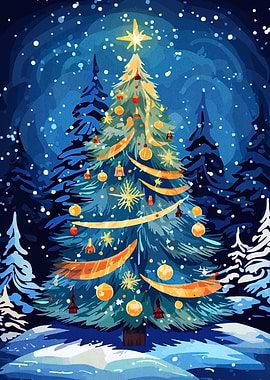 Christmas Tree in Snowy Forest