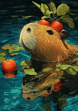Capybara with Apples in Water