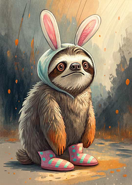 Sloth in Bunny Ears and Slippers