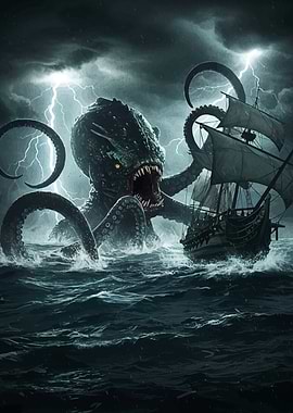 Kraken attacking ship during thunderstorm