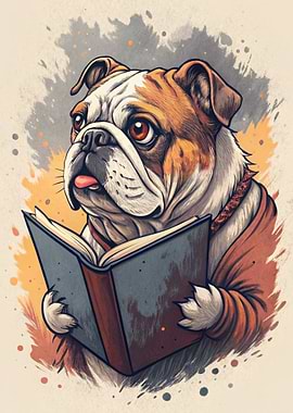Bulldog Reading a Book Illustration