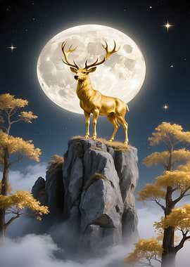 Golden Deer Under Moonlight