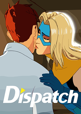 Superheroine kissing a man, Dispatch logo