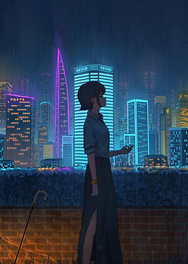 Rainy Cityscape with Woman