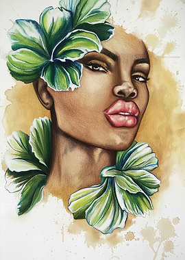 Woman with Green Floral Adornments Portrait