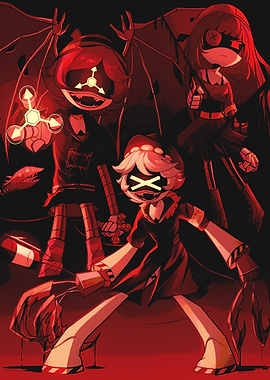 Murder Drones characters in red lighting