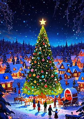 Christmas Village with Decorated Tree