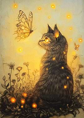 Cat and Butterfly in Golden Light