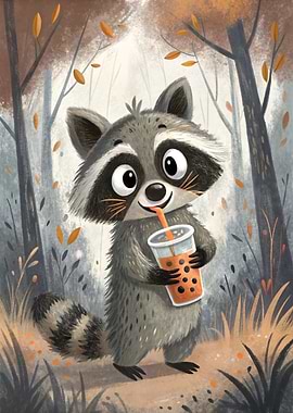 Cartoon Raccoon Drinking Bubble Tea