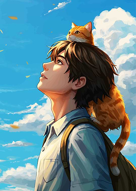 Boy with Cat Looking at Sky