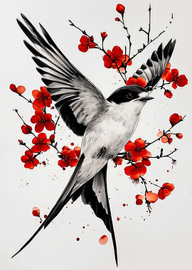 Bird with Red Flowers