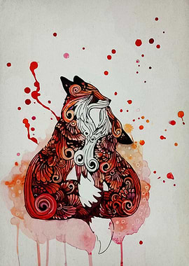 Ornate Fox Watercolor Painting