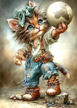 Cute Cat Holding Globe Illustration