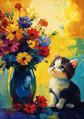 Kitten Gazing at Flowers Painting