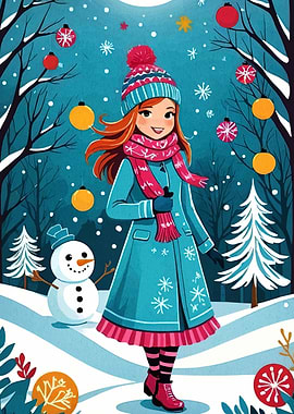 Winter Girl with Snowman Illustration