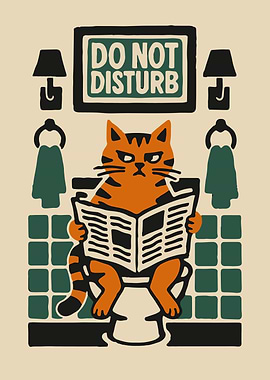 Cat reading newspaper on toilet