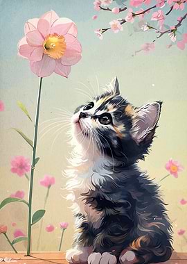 Kitten Gazing at Flower