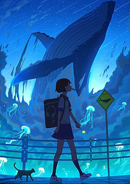 Whale, Girl, and Jellyfish Fantasy Scene