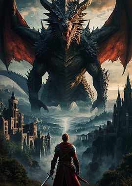 Knight facing giant dragon