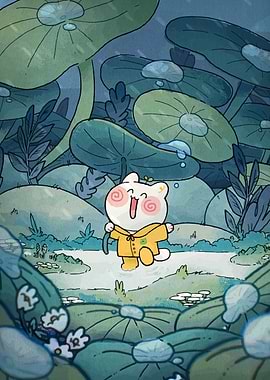 Happy Cartoon Cat in Rainy Landscape