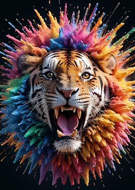 Colorful roaring Tiger breaking through color explosion