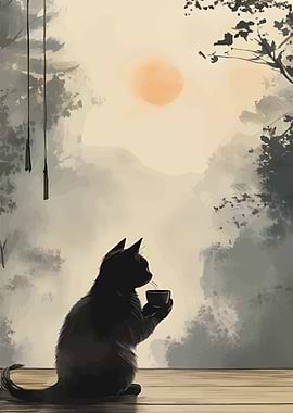 Black Cat Drinking Tea Illustration