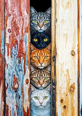 Stacked Cats Peeking Through Door