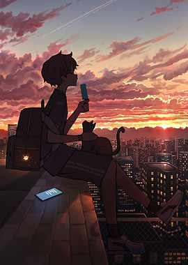 Rooftop Sunset with Boy and Cat