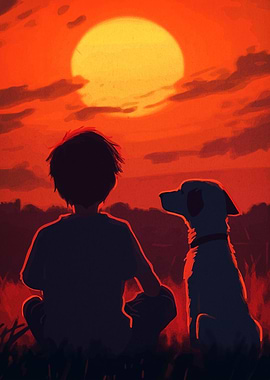 Boy and Dog Sunset