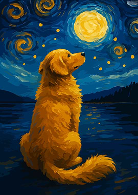 Golden Retriever Starry Night Painting