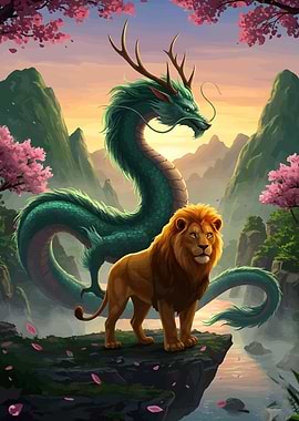 Lion and Dragon Fantasy Landscape