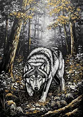 Wolf in Forest Painting