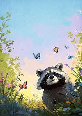 Raccoon in a Meadow with Butterflies