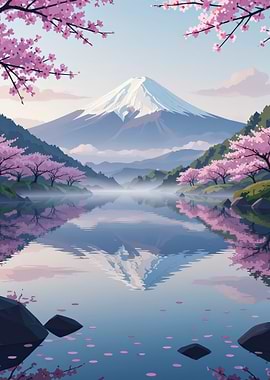Mount Fuji Reflection with Cherry Blossoms