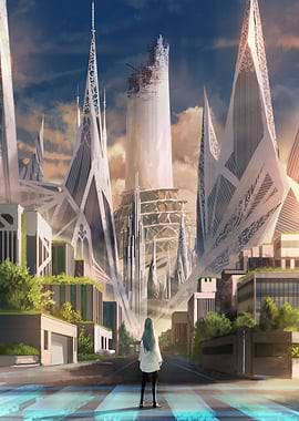 Futuristic Cityscape with Figure